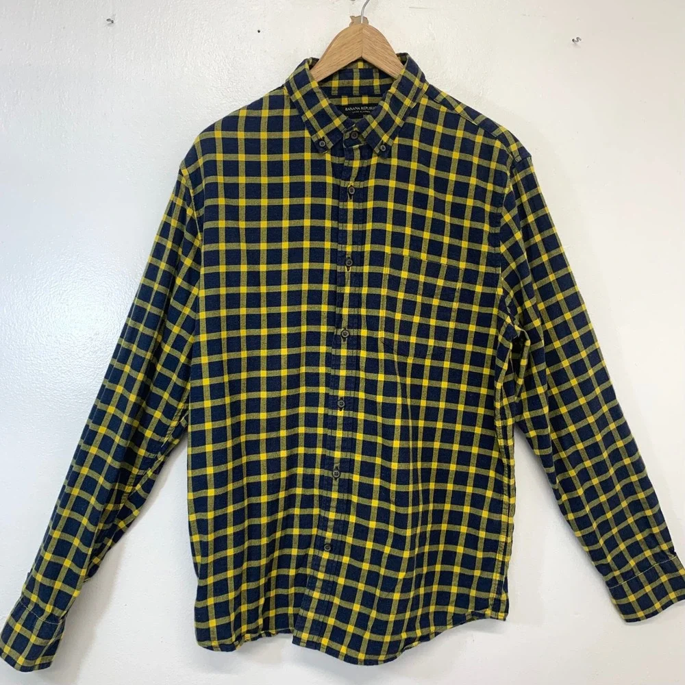 Banana Republic Luxe Flannel Shirt Navy Yellow Buffalo Check Untucked Slim Fit L